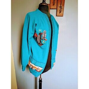 Vintage Turquoise Western Sweatshirt Jacket, 80s - 90s Southwestern Sweater